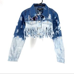 Thrill Women's Fringe Cropped Denim Jacket L